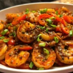 shrimp and pepper stir-fry served in a skillet