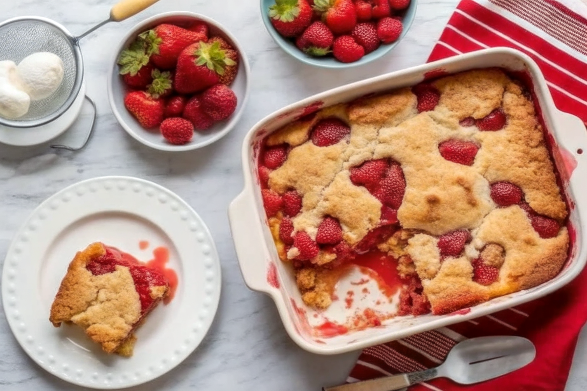 Golden strawberry dump cake fresh from the oven
