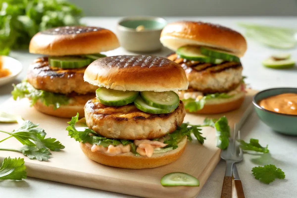 Thai Peanut Turkey Burgers with creamy peanut sauce and fresh toppings in a toasted bun
