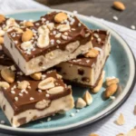 Creamy Chocolate Peanut Butter Greek Yogurt Bark pieces on parchment paper