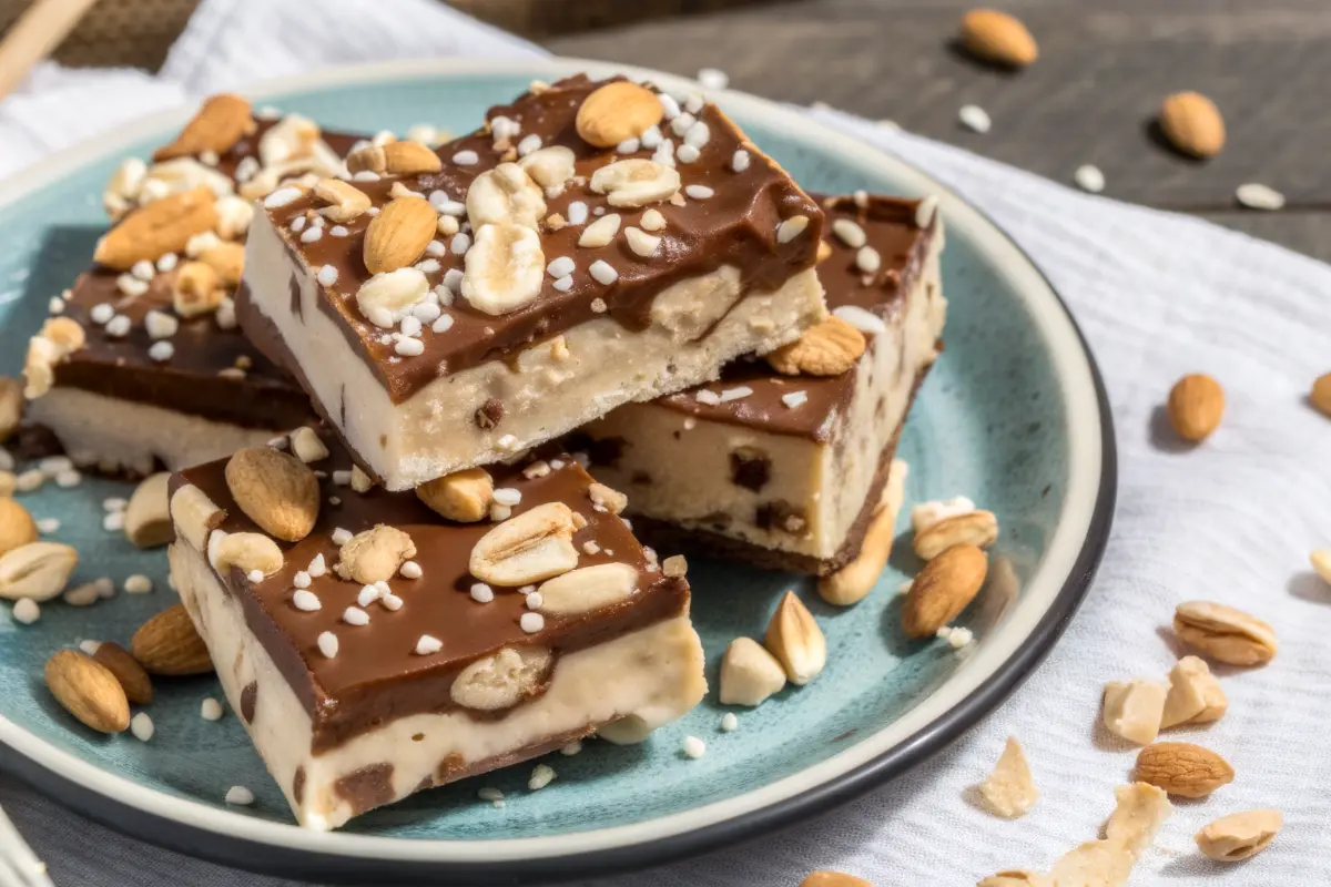 Creamy Chocolate Peanut Butter Greek Yogurt Bark pieces on parchment paper