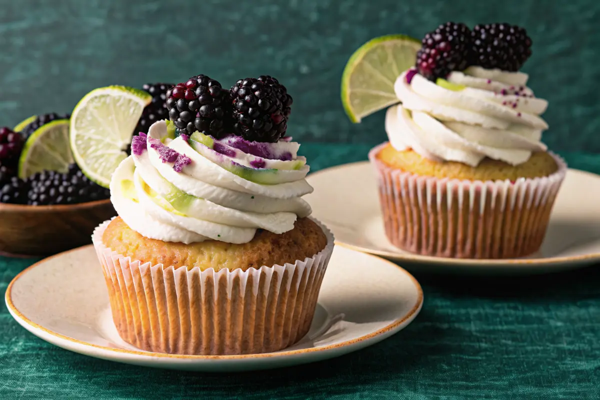 Blackberry lime cheesecake cupcakes with graham cracker crust and blackberry swirl topping