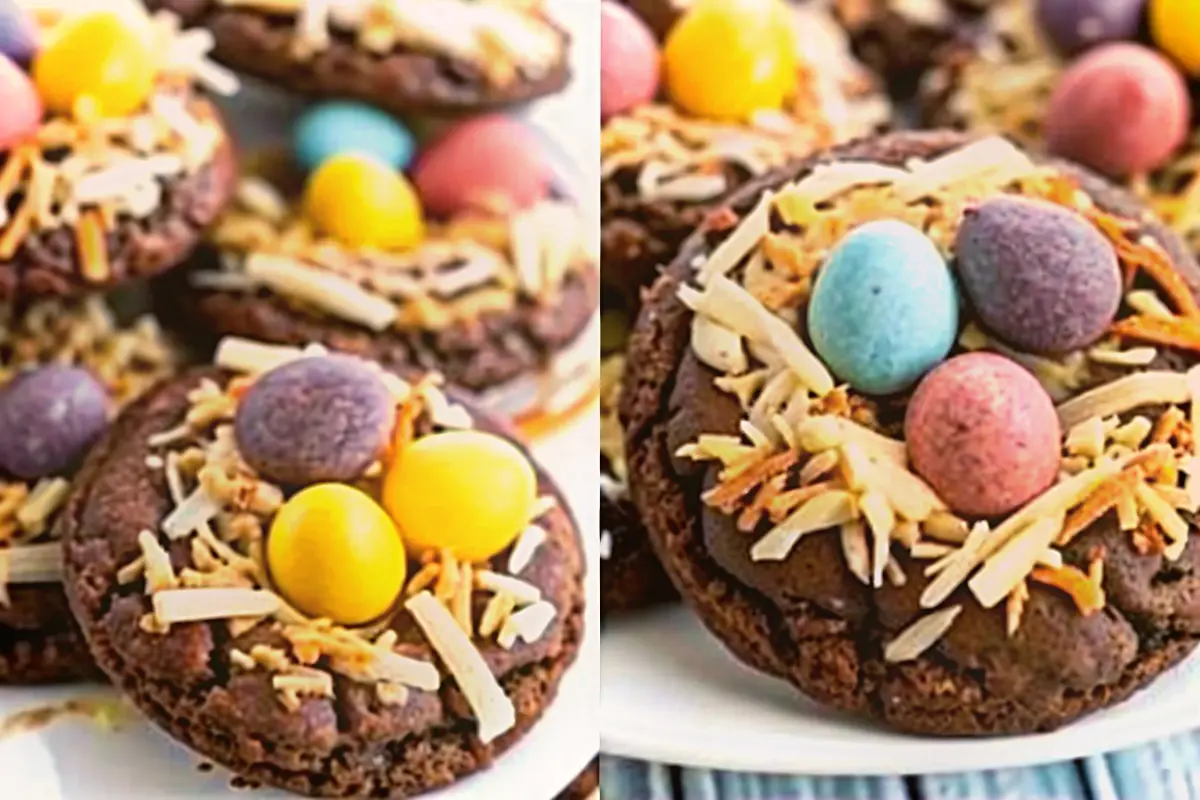 Easter chocolate birds nest cookies with candy eggs