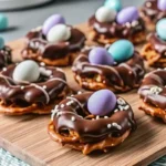 Chocolate-covered pretzel nests with candy eggs on a tray