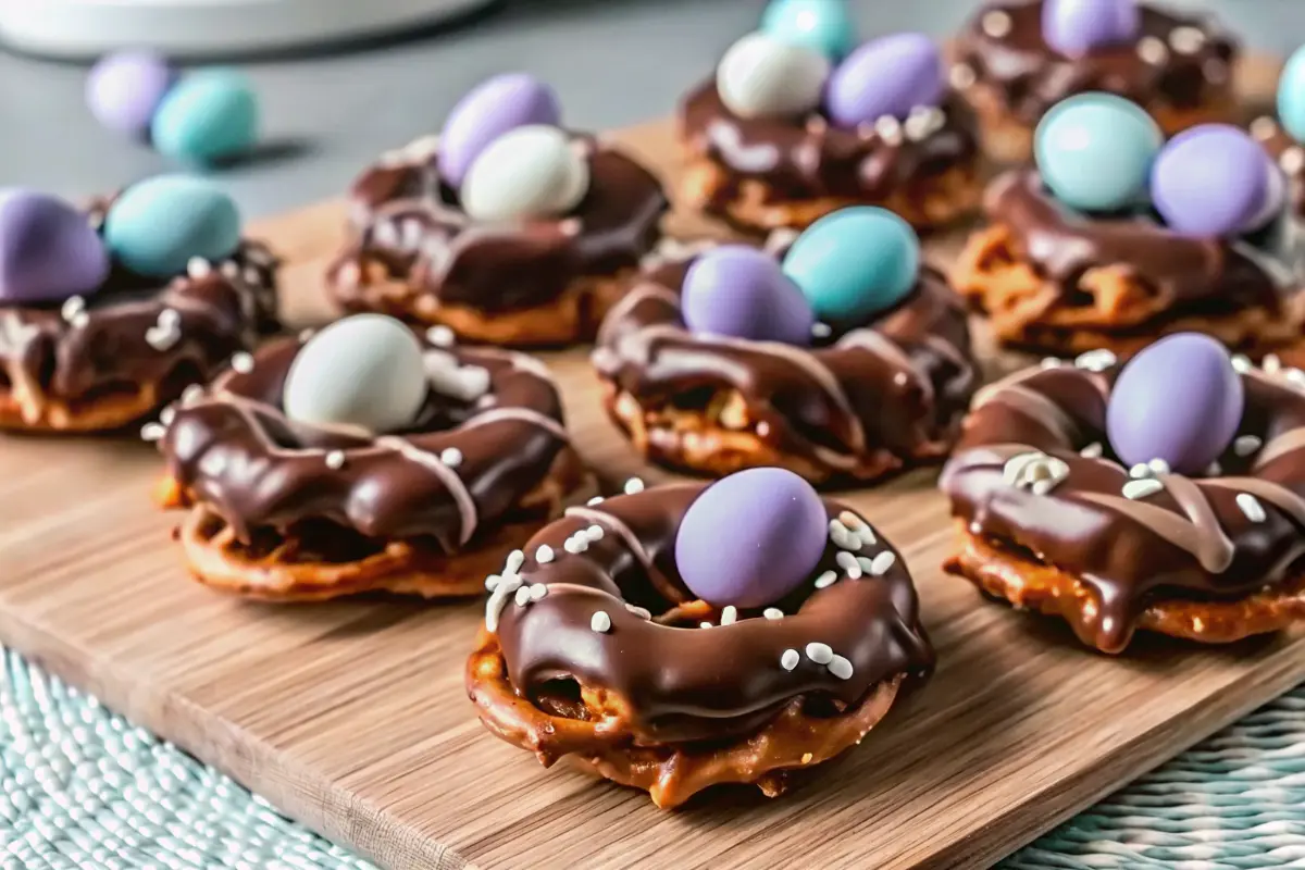 Chocolate-covered pretzel nests with candy eggs on a tray