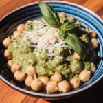 Creamy High Protein Pesto Chickpeas in a skillet topped with herbs