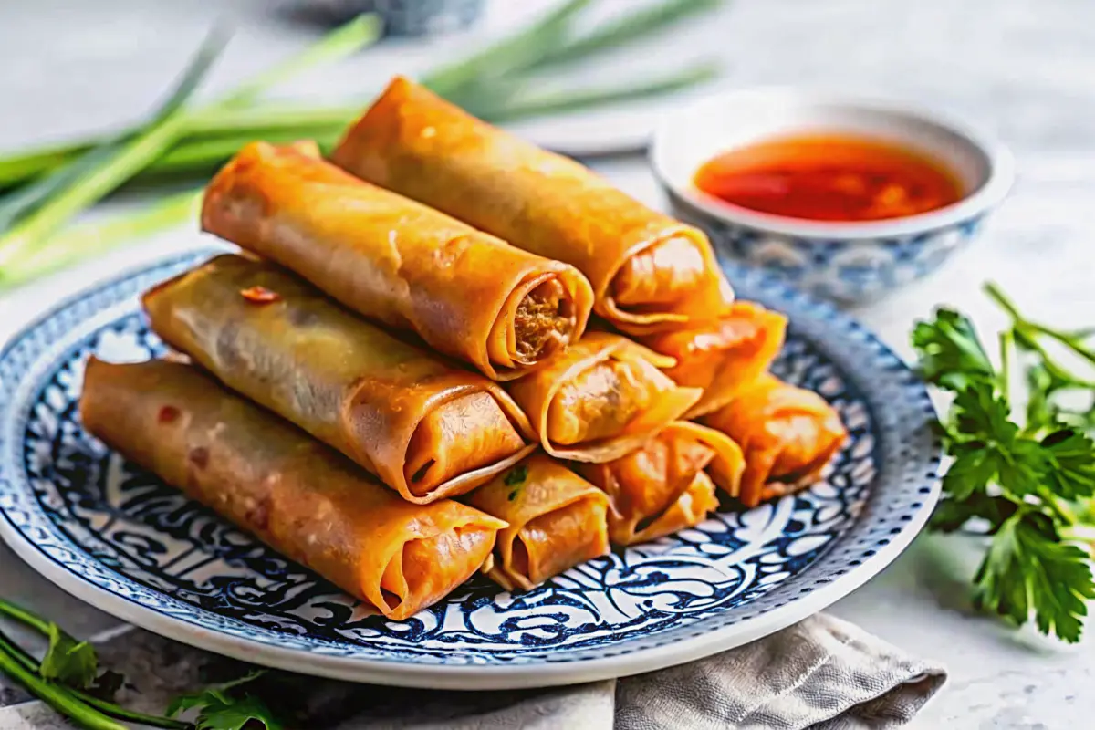 Crispy Chinese spring rolls served with dipping sauce