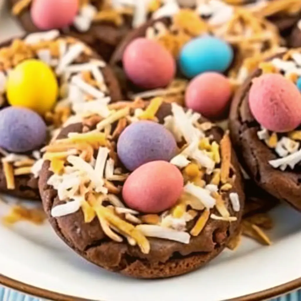 Easter chocolate birds nest cookies with candy eggs