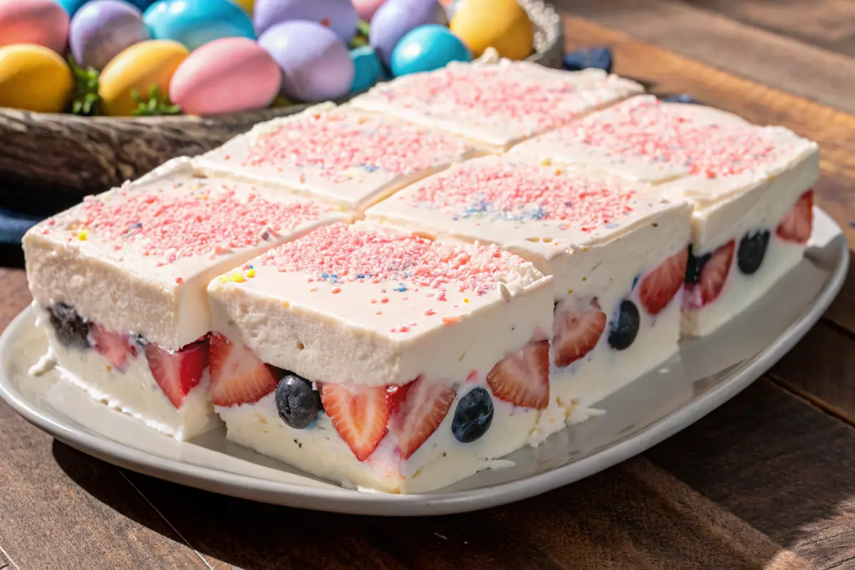 Easter fruit fluff dessert in a bowl with pastel toppings
