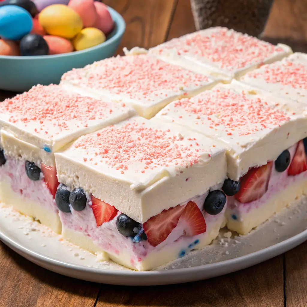 Easter fruit fluff dessert in a bowl with pastel toppings