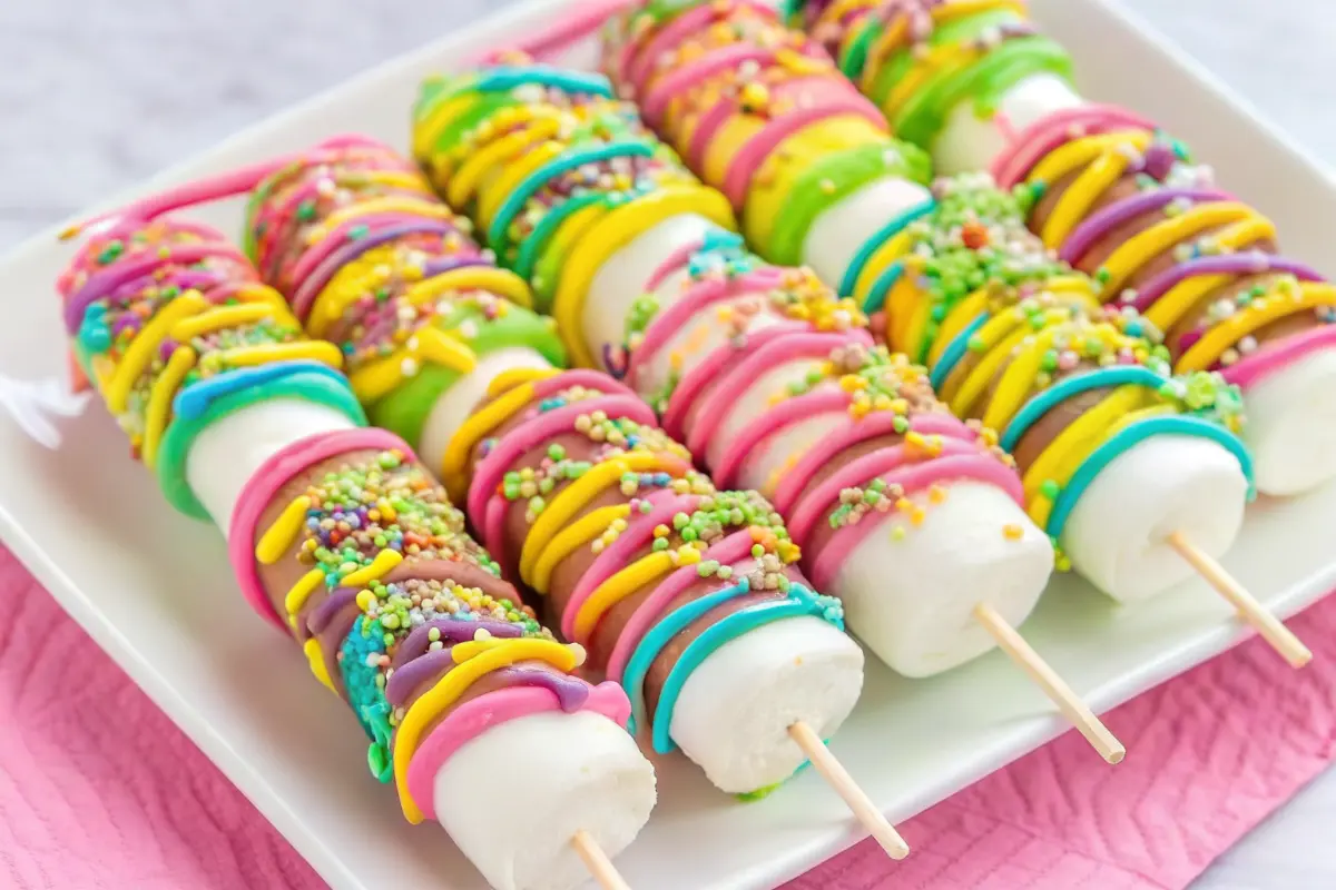 Easter marshmallow pops decorated with pastel sprinkles