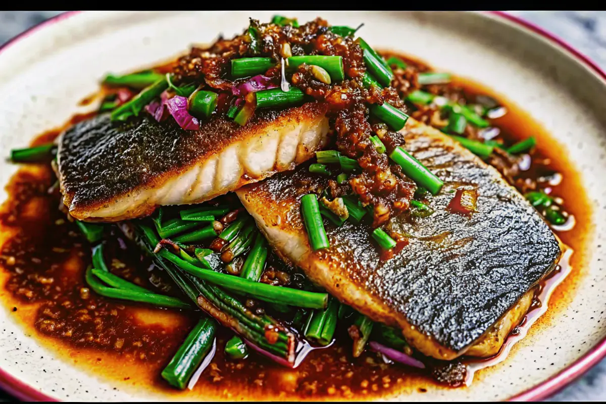 crispy ginger onion fried sea bass recipe plated with sauce