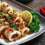 Grilled garlic chili squid recipe served with lemon and herbs
