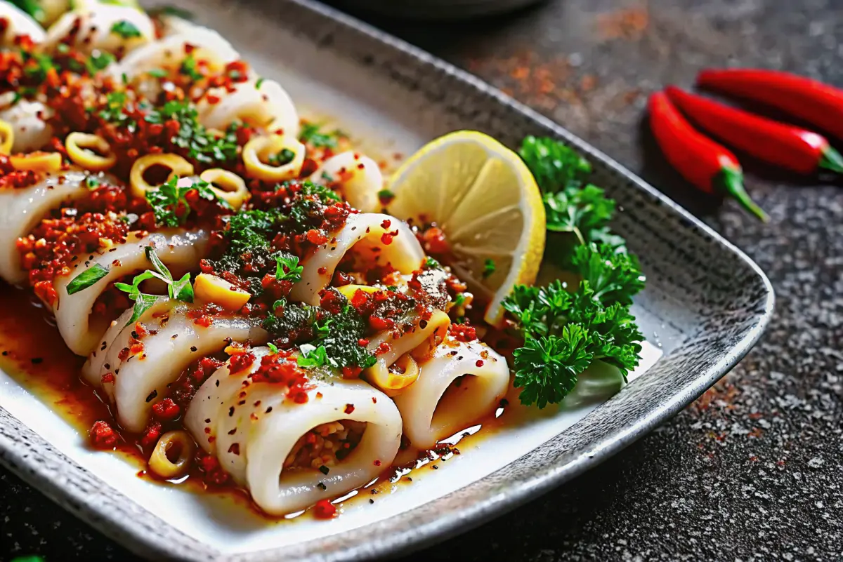 Grilled garlic chili squid recipe served with lemon and herbs