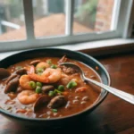 Homemade seafood gumbo with shrimp and crab served over white rice