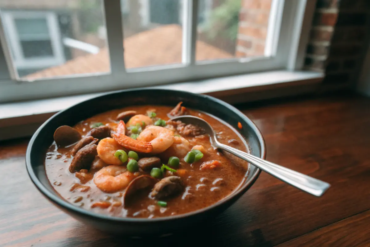 Homemade seafood gumbo with shrimp and crab served over white rice