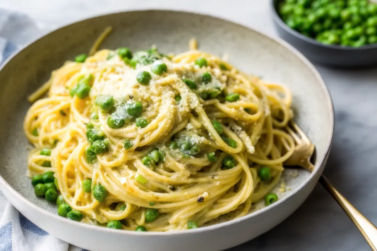 Creamy lemon peas pasta dinner with parmesan and fresh lemon zest