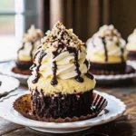 Loaded brownie cheesecake cups with chocolate drizzle and toppings