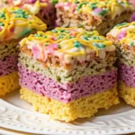 Pastel chocolate rice krispies bars with colorful layers and sprinkles