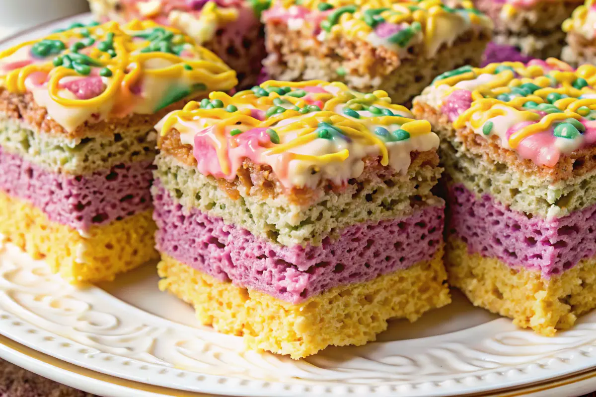 Pastel chocolate rice krispies bars with colorful layers and sprinkles