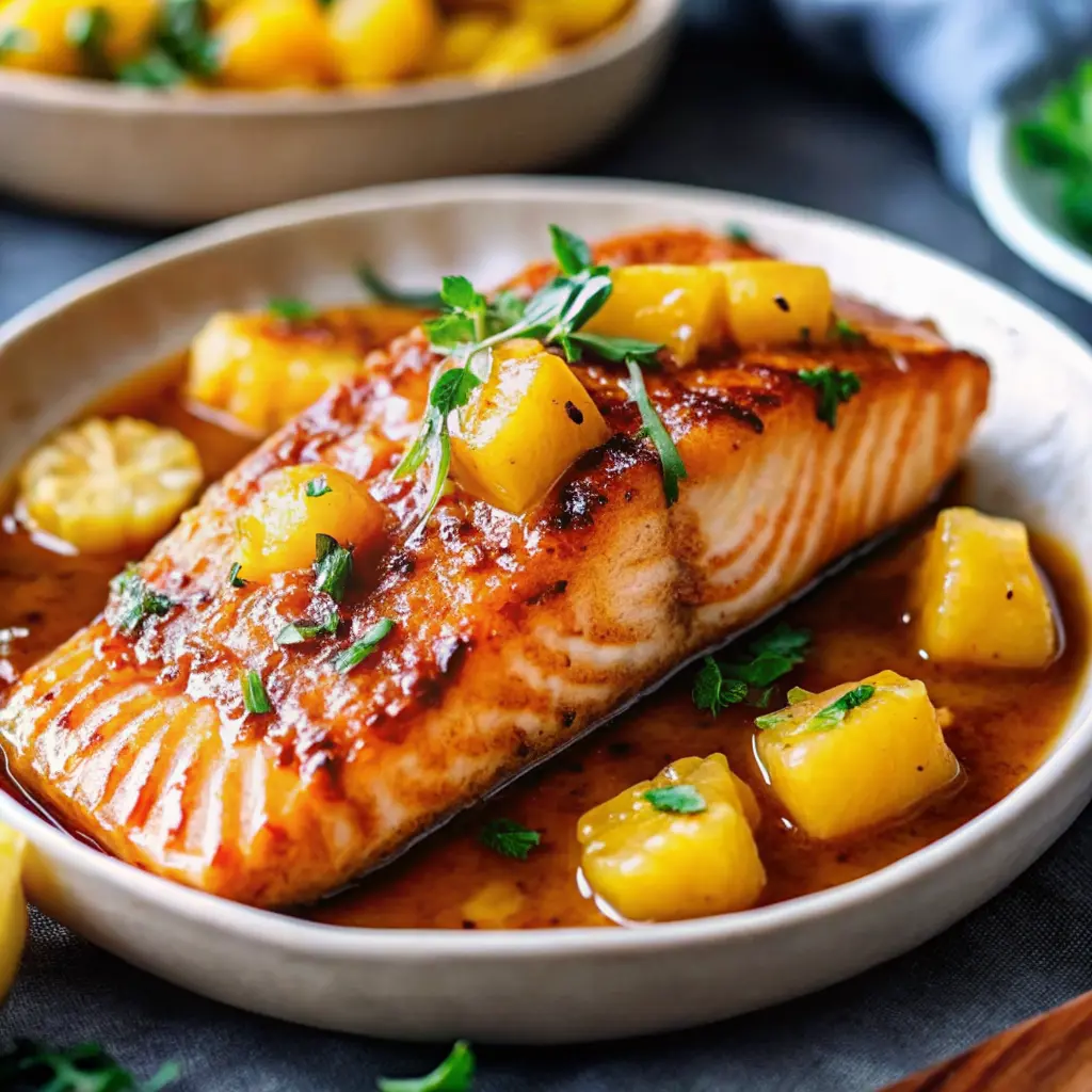 Pineapple glazed salmon served with caramelized pineapple and herbs