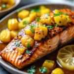 Pineapple glazed salmon recipe served with caramelized pineapple and herbs