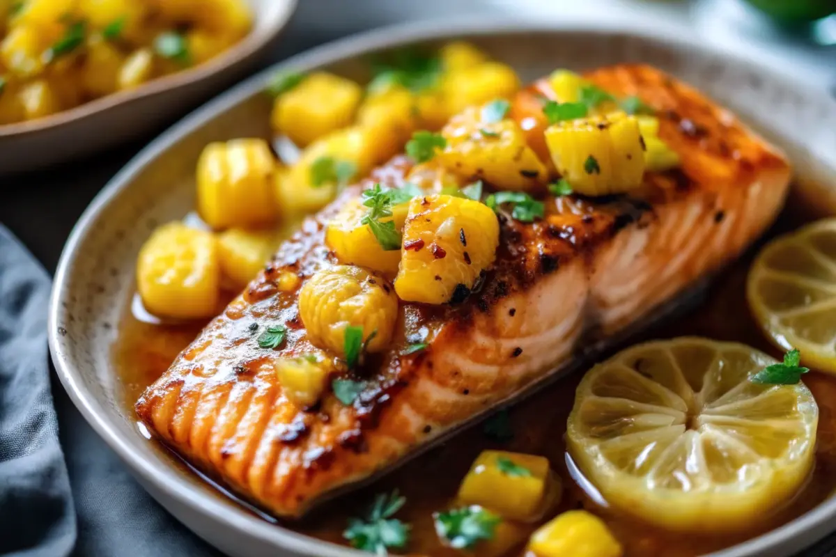 Pineapple glazed salmon recipe served with caramelized pineapple and herbs