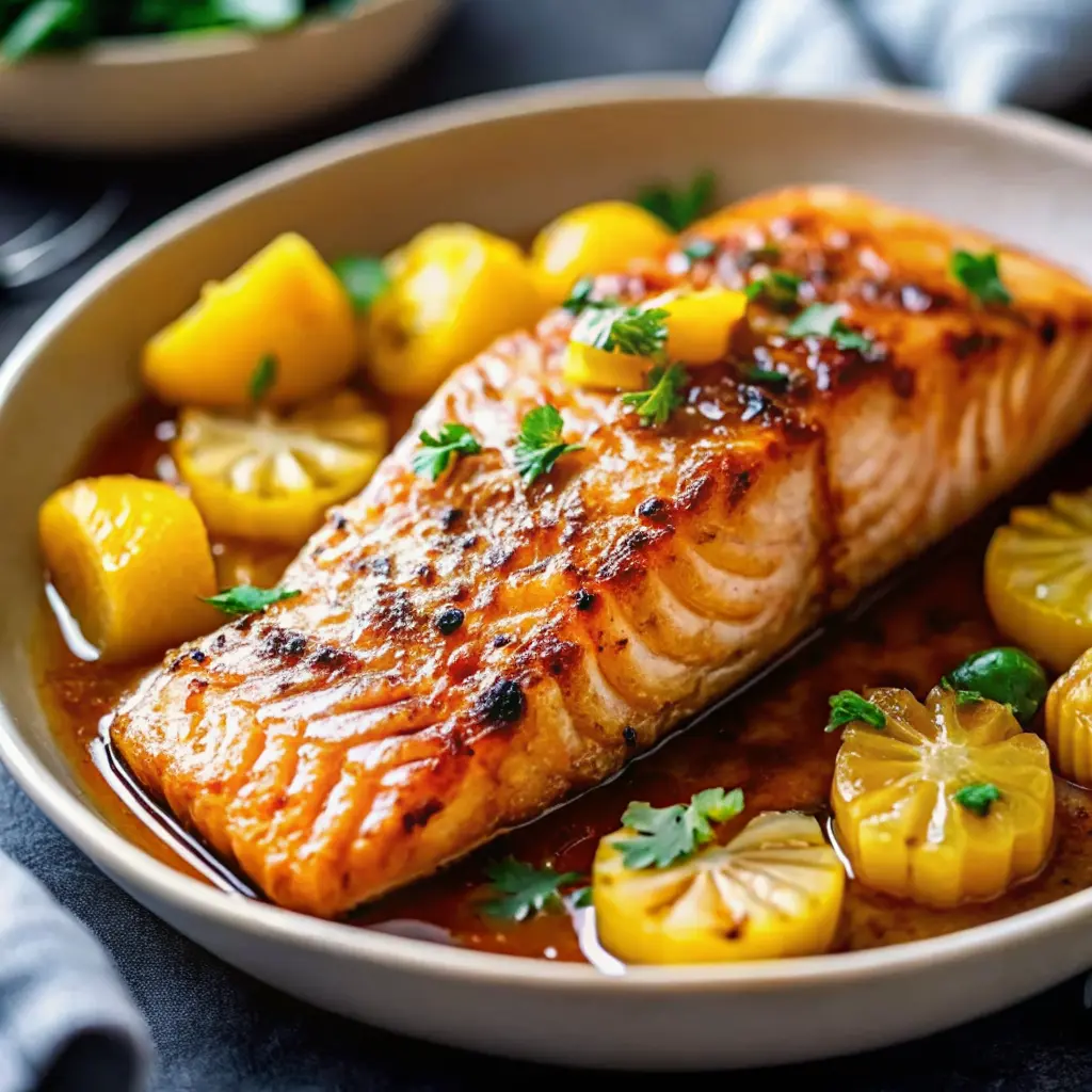 Pineapple glazed salmon served with caramelized pineapple and herbs