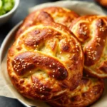 Spicy cheddar and Monterey Jack jalapeño soft pretzels with melted cheese topping