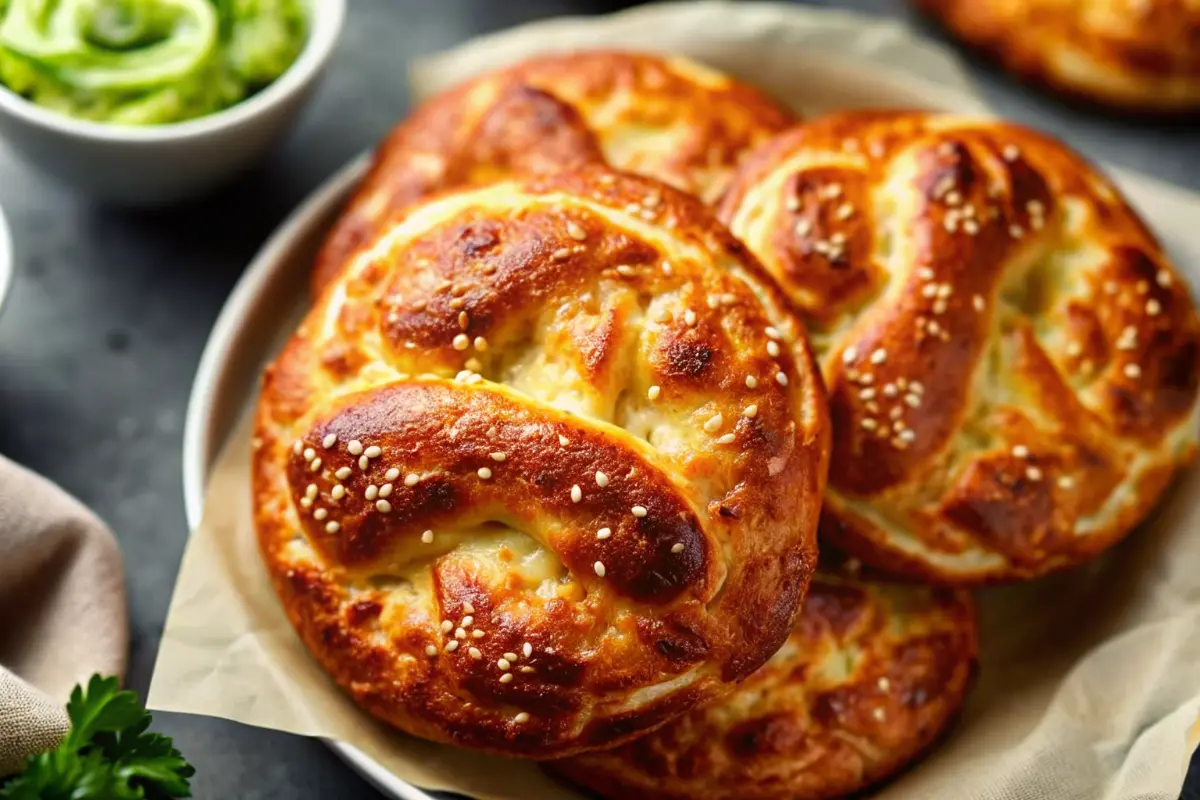 Spicy cheddar and Monterey Jack jalapeño soft pretzels with melted cheese topping