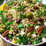 Spinach pecan brown rice salad in a bowl with fresh vegetables