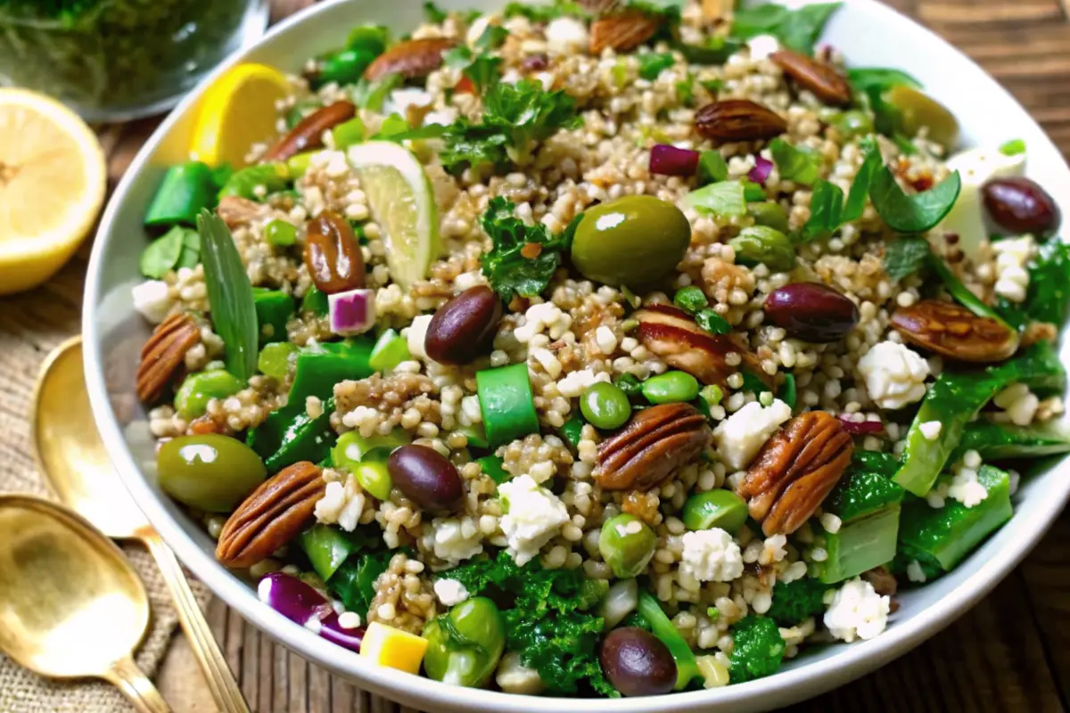 Spinach pecan brown rice salad in a bowl with fresh vegetables