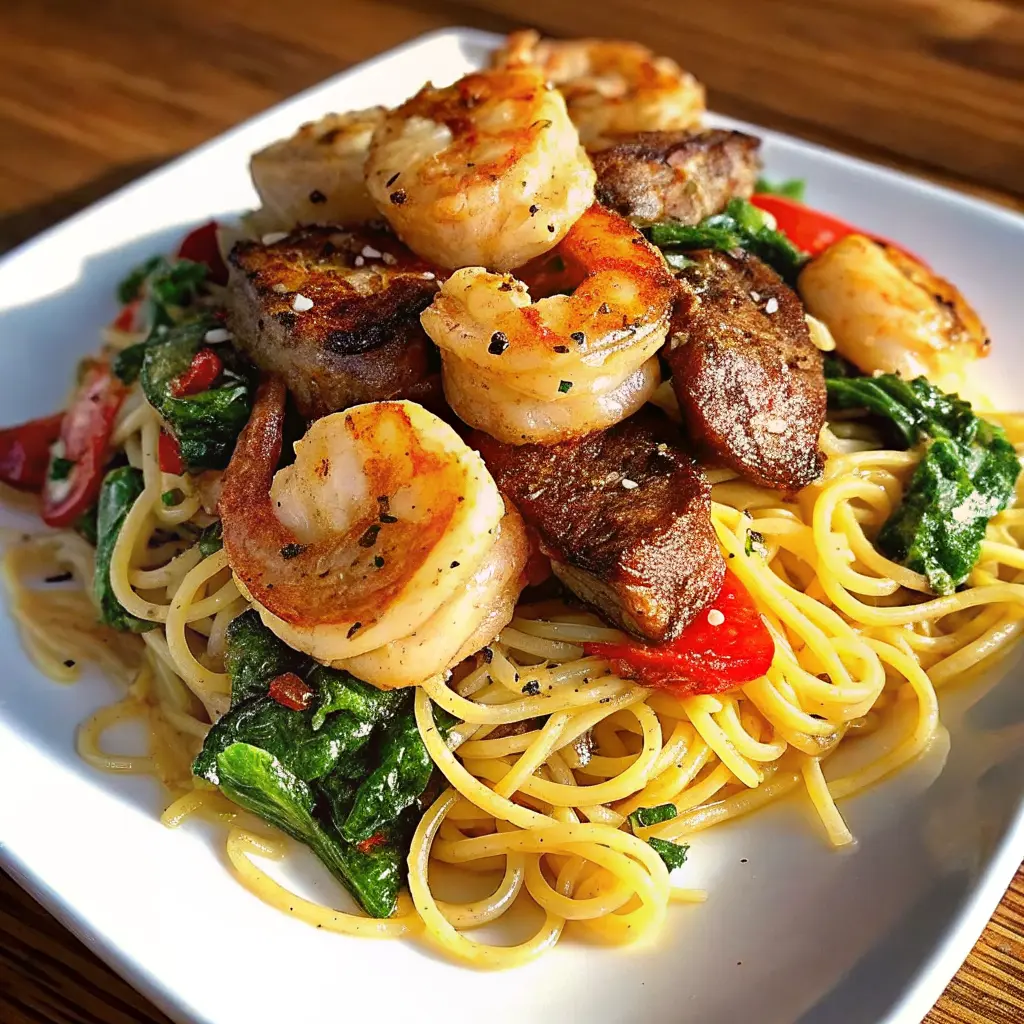 Steak & Garlic Shrimp Pasta Delight