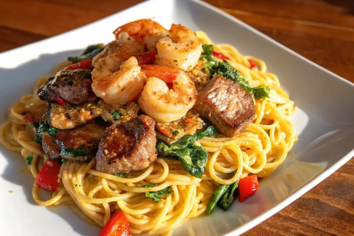 Steak & Garlic Shrimp Pasta Delight