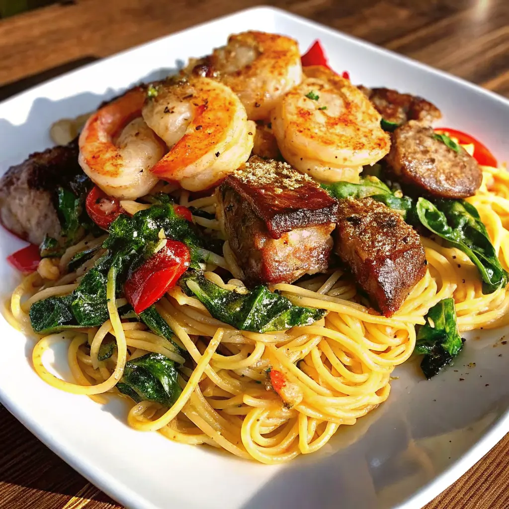 Steak & Garlic Shrimp Pasta Delight