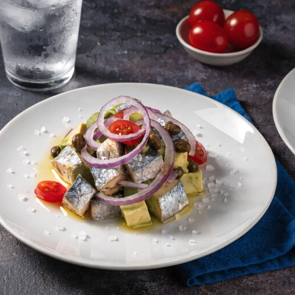 sardine & avocado salad in a bowl with fresh vegetables