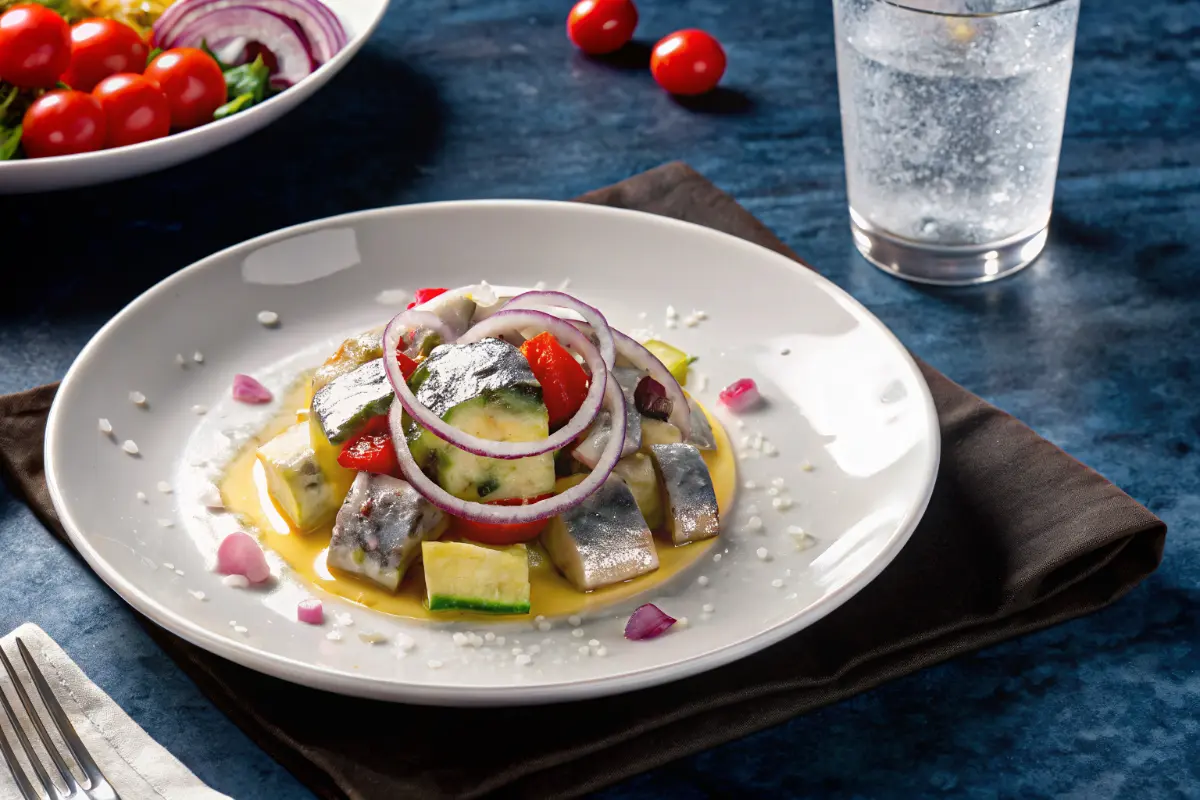 sardine & avocado salad in a bowl with fresh vegetables