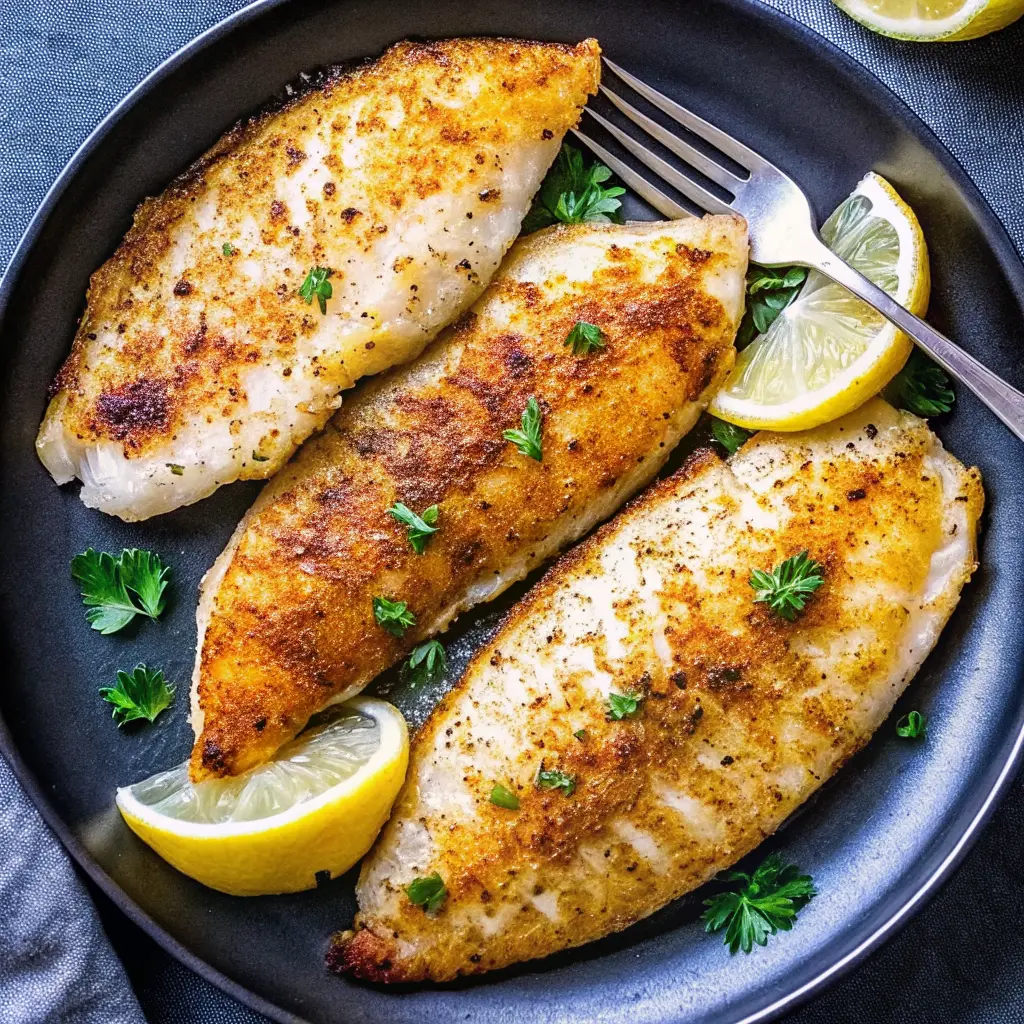 Crispy Air Fryer Tilapia Recipe fillets served with lemon