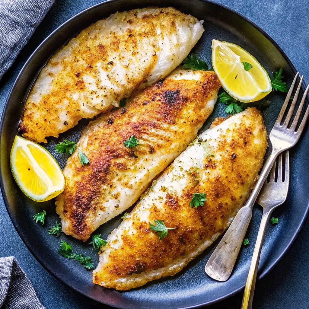 Crispy Air Fryer Tilapia Recipe fillets served with lemon