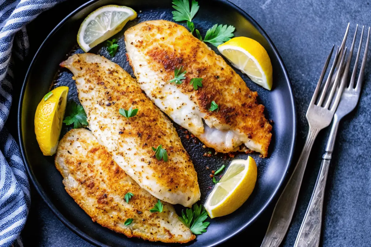 Crispy Air Fryer Tilapia Recipe fillets served with lemon