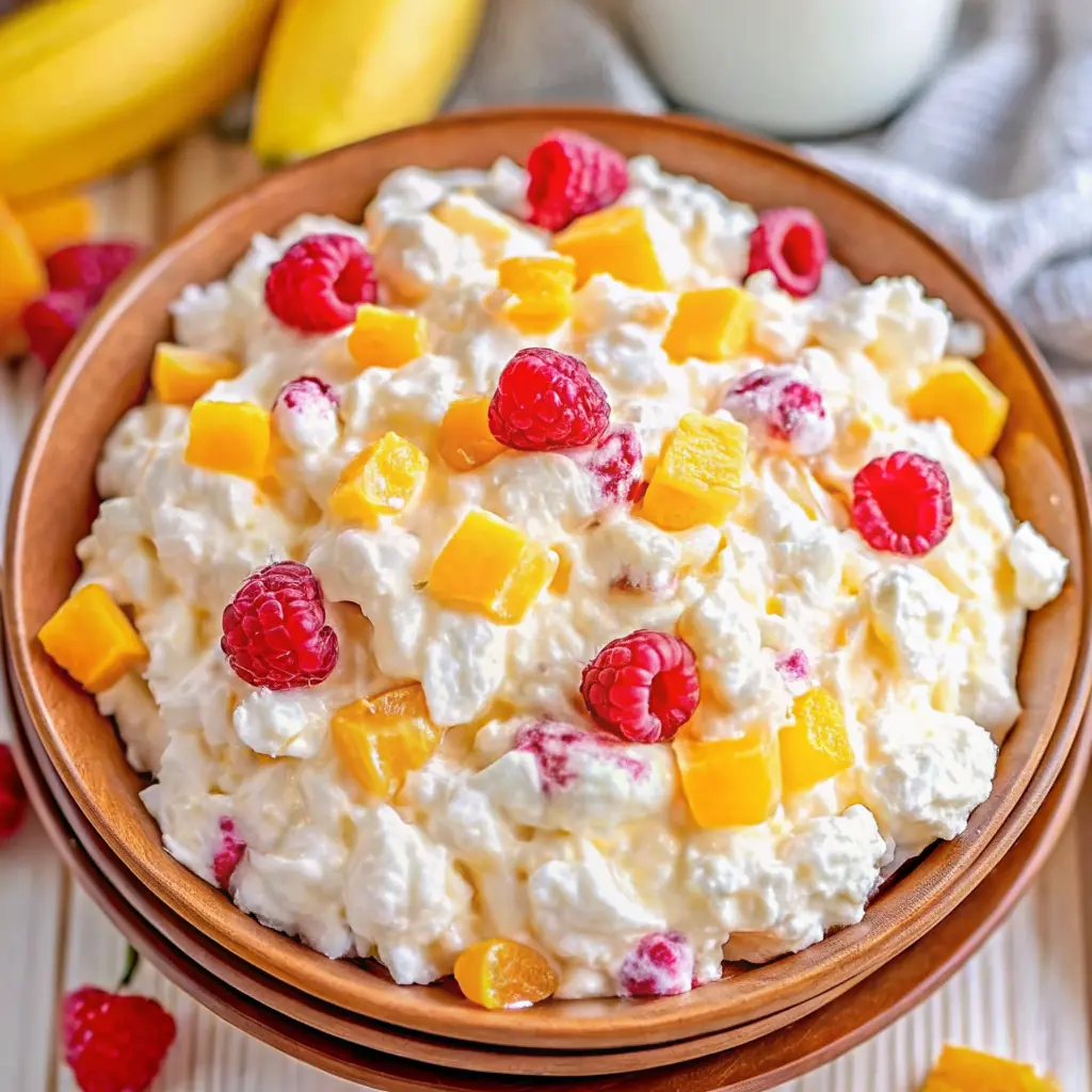 Ambrosia salad recipe with fruit and marshmallows in a glass bowl