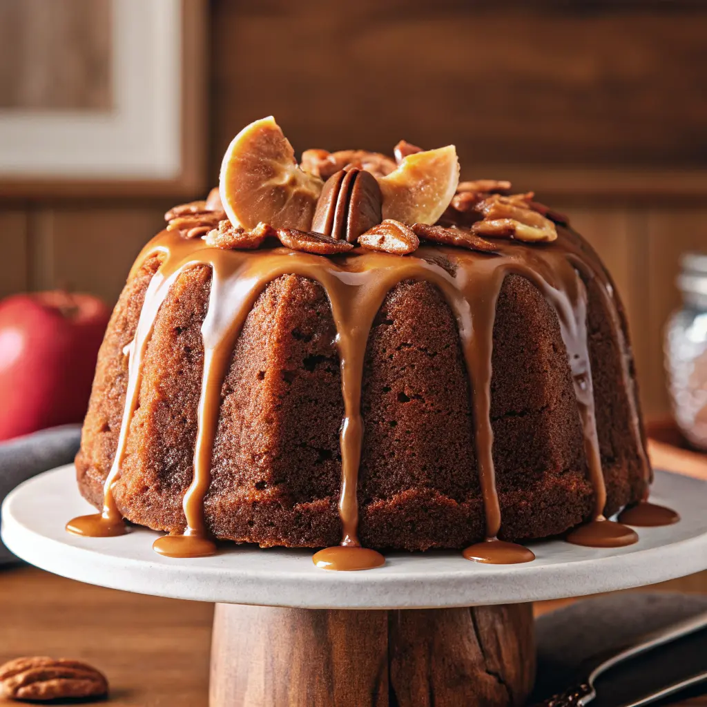 Apple Pecan Cake with Caramel Glaze