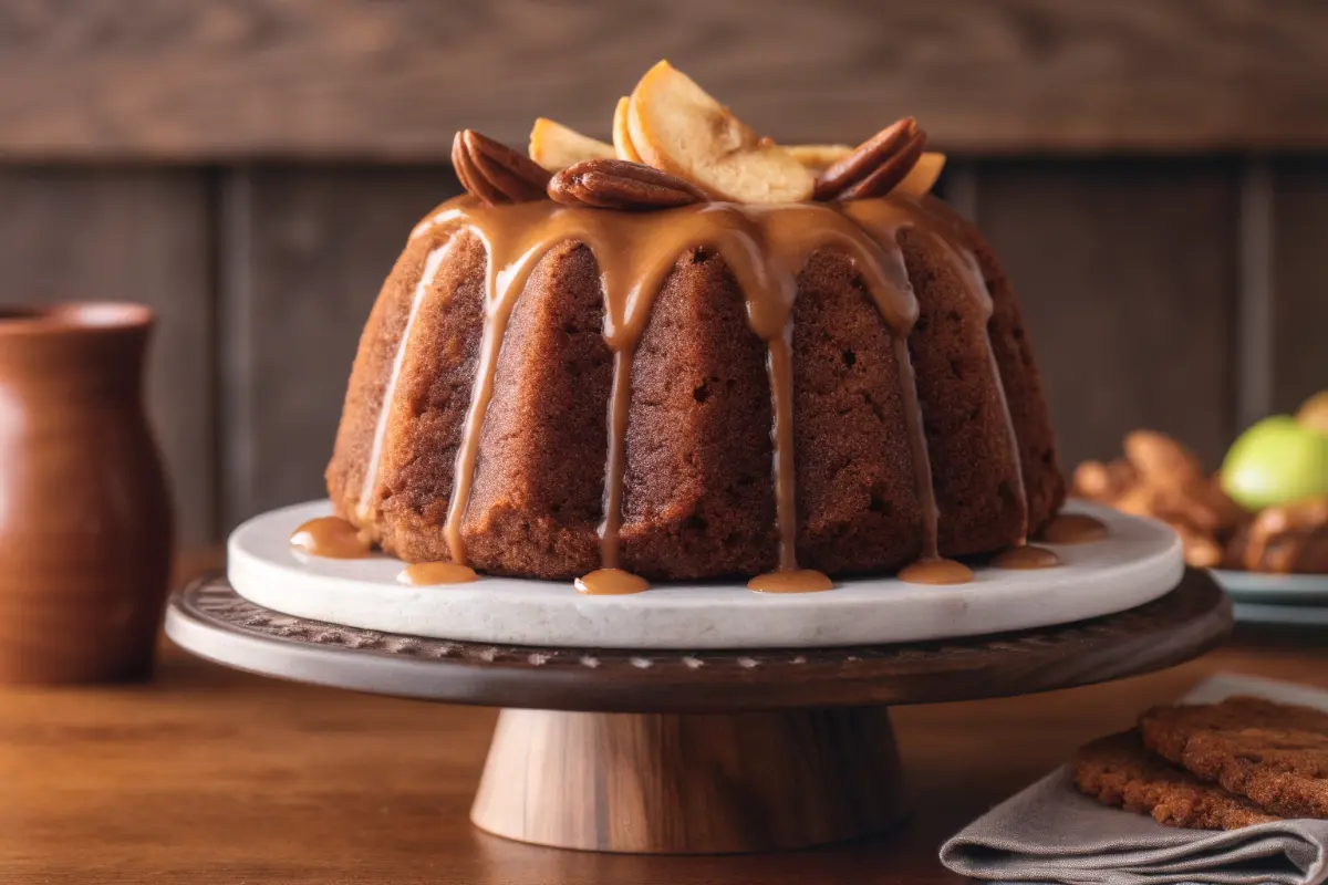 apple pecan cake with caramel glaze slice