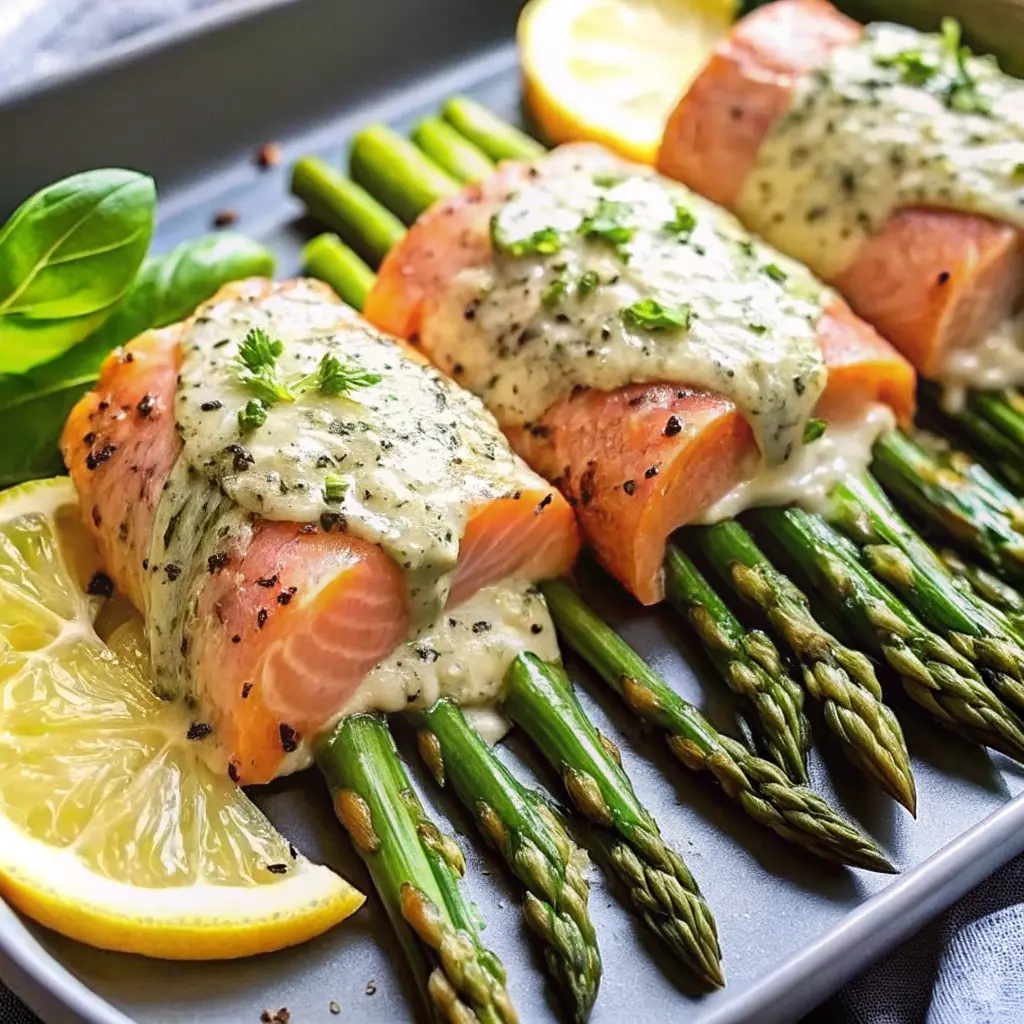 asparagus lemon basil ricotta stuffed salmon rolls plated