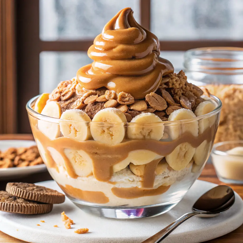 Biscoff banana pudding layered with caramel and whipped cream