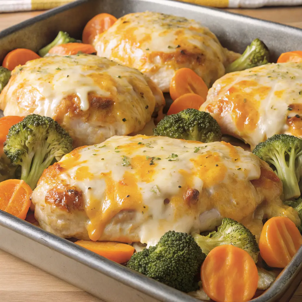 Cheesy Chicken Veggie Sheet Pan Dinner