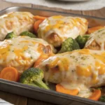 cheesy chicken veggie sheet pan dinner with roasted vegetables