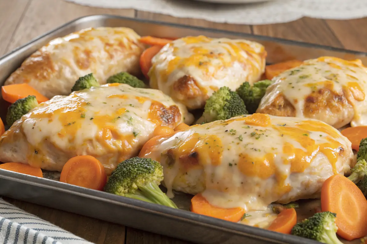 cheesy chicken veggie sheet pan dinner with roasted vegetables
