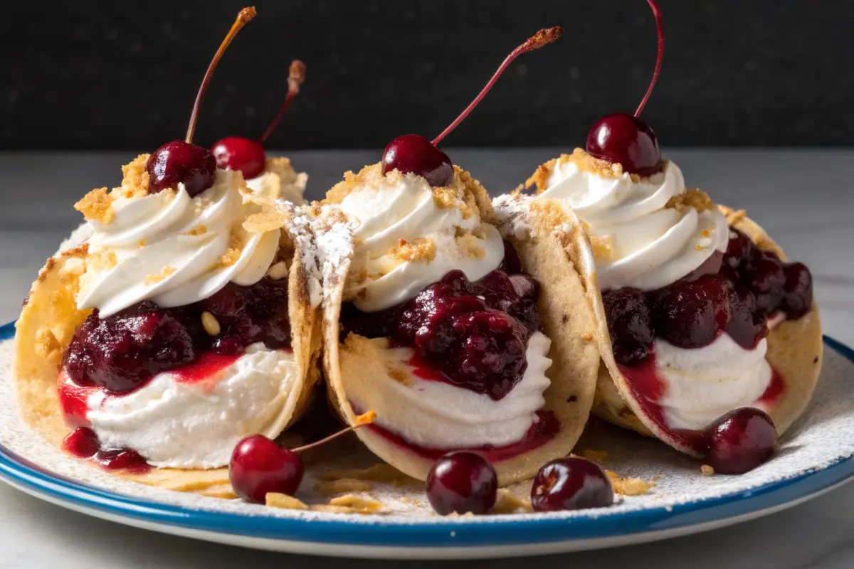 Cherry cheesecake dessert tacos with creamy filling and cherry topping