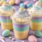 Creamy Easter Jello Parfaits with pastel layered gelatin and whipped cream in clear cups